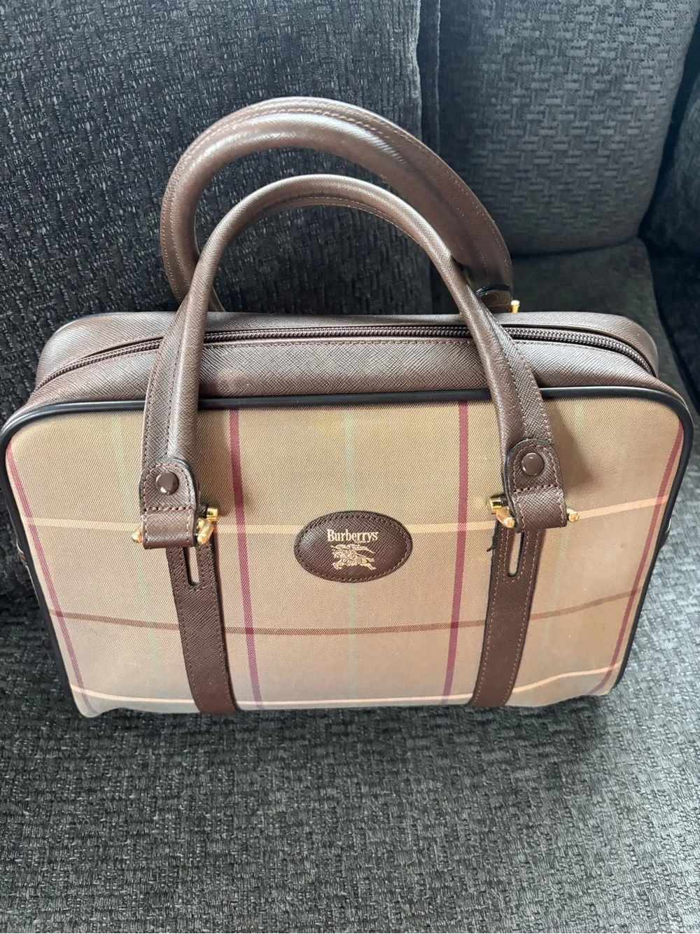 Burberry Tan Plaid Canvas handbag-with Brown Leather Trim